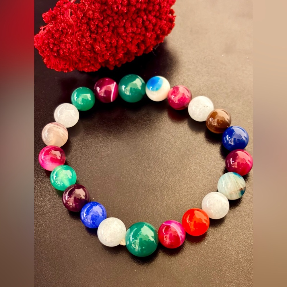 Multicolor Agate Aqua Chalcedony Stretch Bracelet, Size:7.25 - Picture 2 of 5